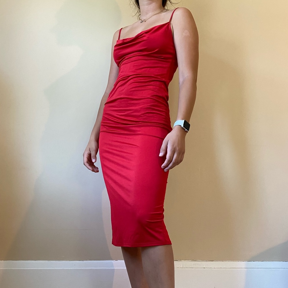 Red mock neck midi dress
